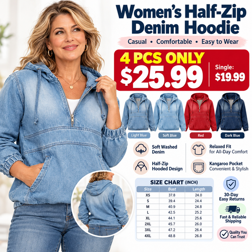 🔥 FACTORY CLEARANCE SALE ⚡Women's Washed Denim Half-Zip Hoodie | Soft, Comfortable, Easy-to-Wear Casual Outerwear