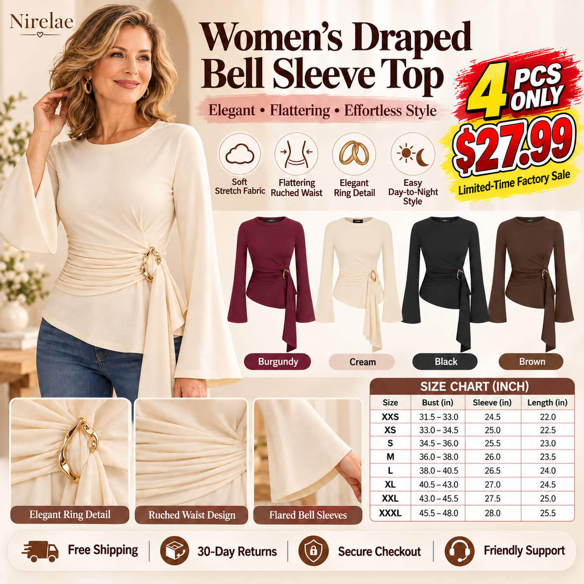 Round Neckline Ruched Metal Detail Long Sleeve Tee