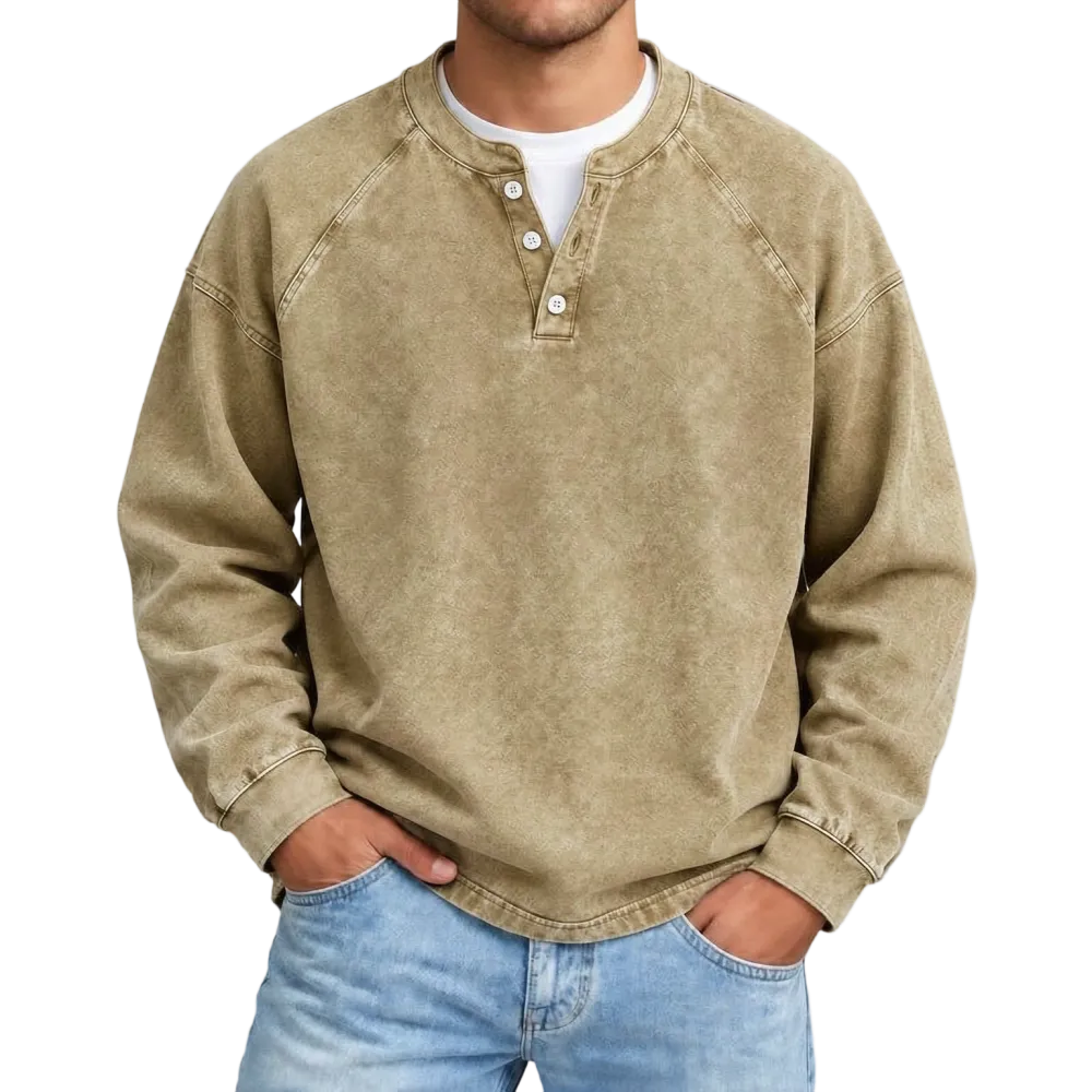 Distressed Washed Cotton Henley Long Sleeve Shirts