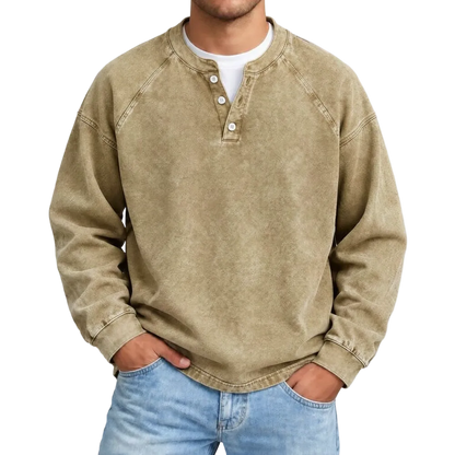 Distressed Washed Cotton Henley Long Sleeve Shirts