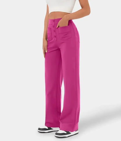 High Waisted Button Multiple Pockets Straight Leg Casual Pants