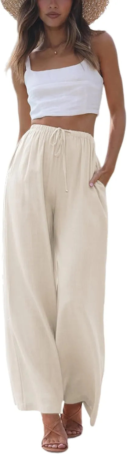 Women's Cotton Linen Summer Palazzo Pants Flowy Wide Leg Beach Trousers with Pockets