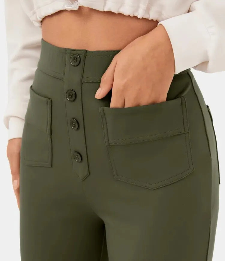 High Waisted Button Multiple Pockets Straight Leg Casual Pants