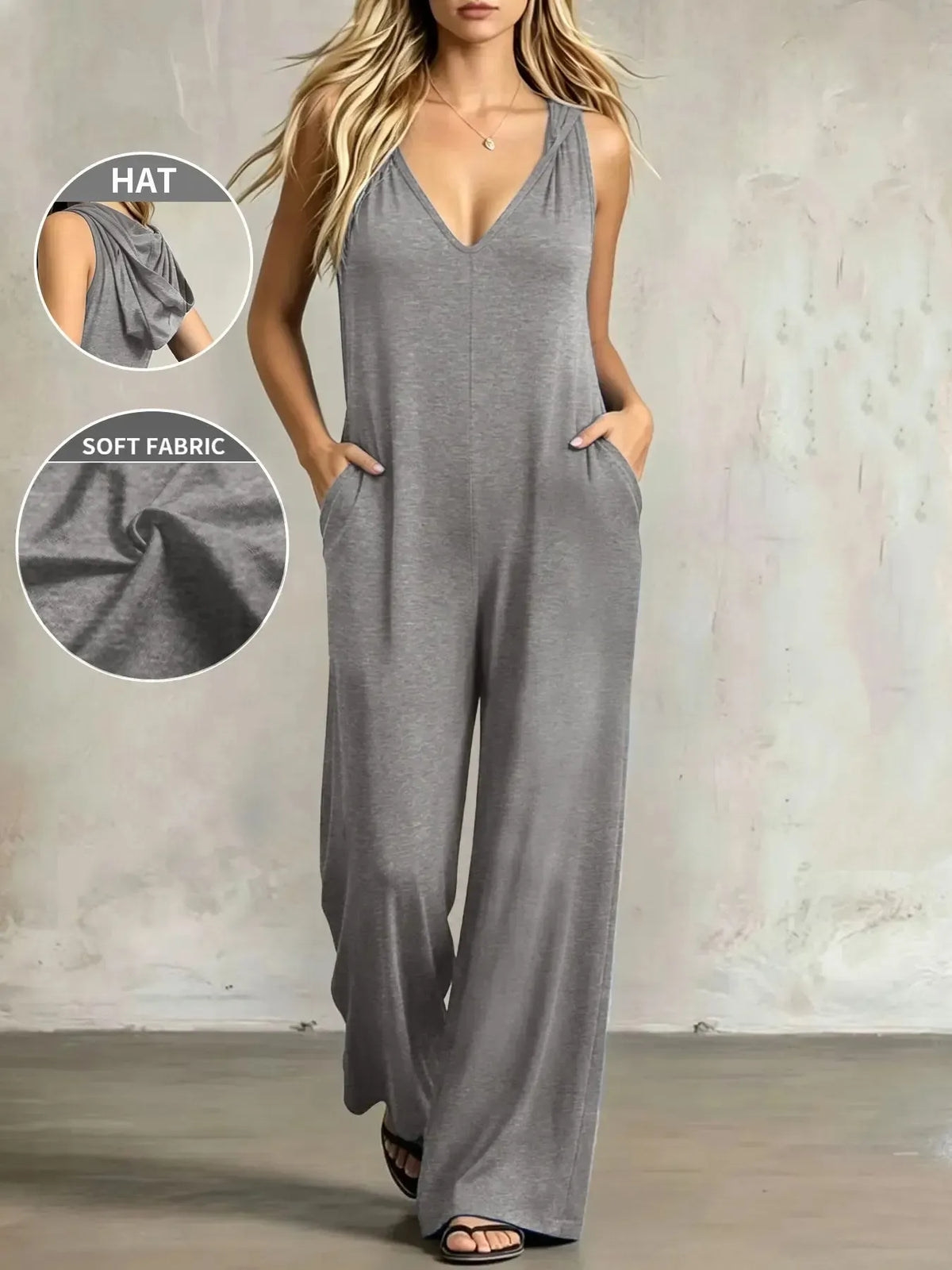 Plus-size women's V-neck jumpsuit featuring pockets and a casual strap design.