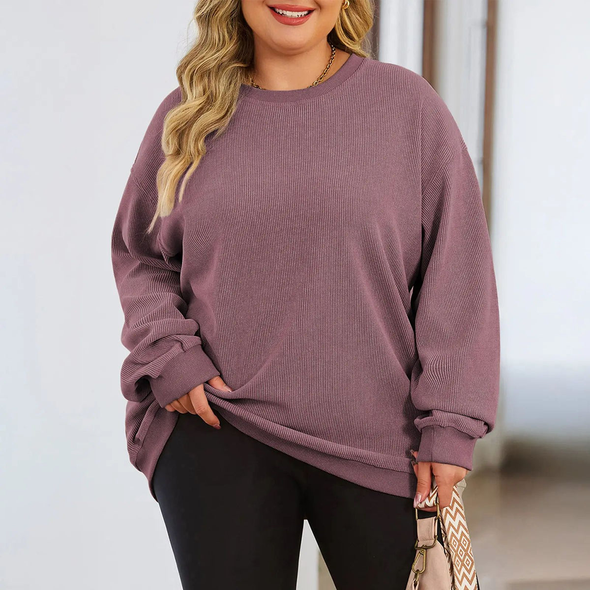 Women's Oversized Corduroy Sweatshirt, Casual Crewneck Long Sleeve Lightweight Pullover