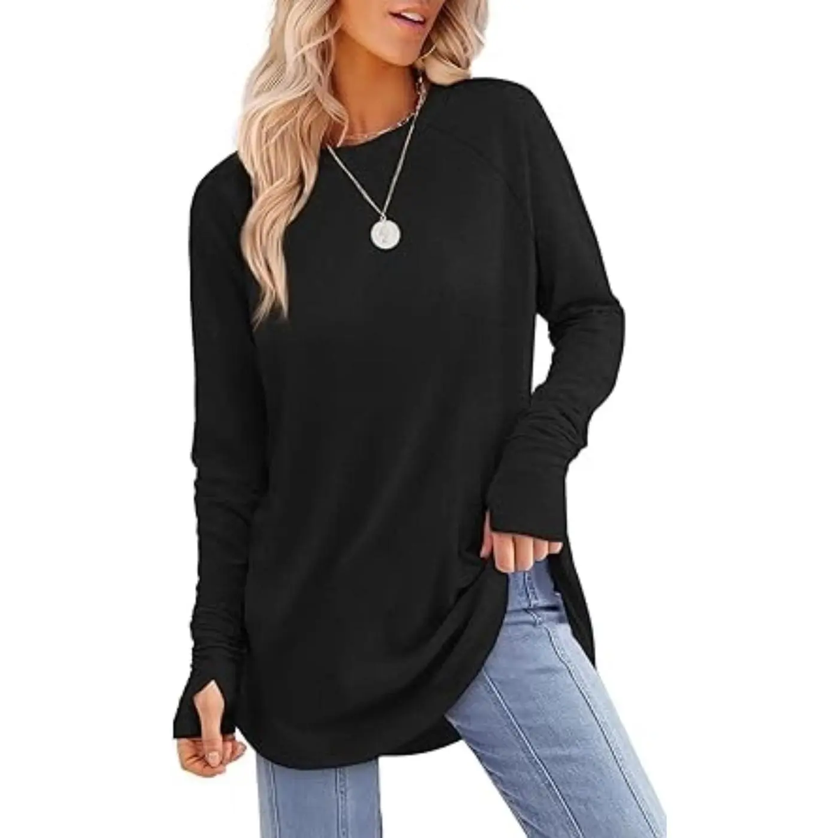 Women's Long Sleeve Tunic Top – Thumb Holes & Curved Hem for Leggings