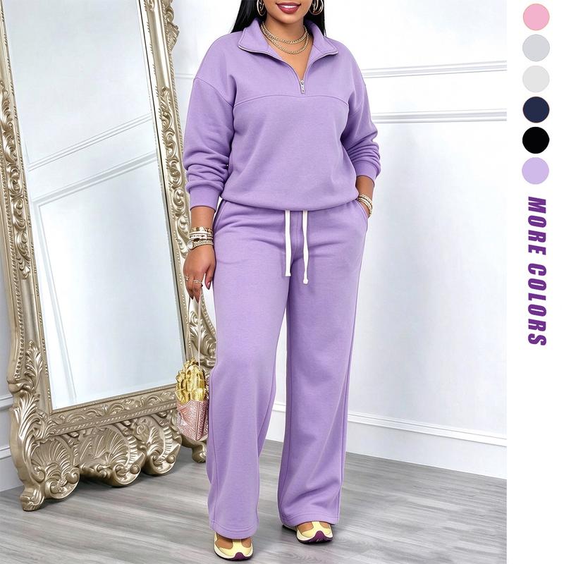 Women's Solid-Color Sweatshirt and Sweatpants Set for Autumn/Winter