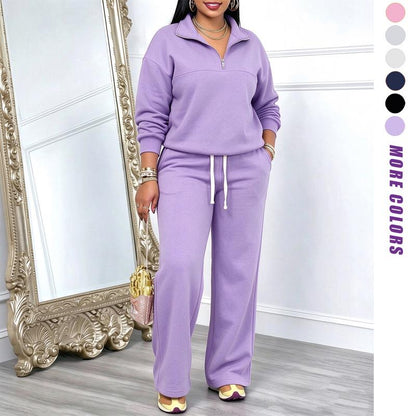 Women's Solid-Color Sweatshirt and Sweatpants Set for Autumn/Winter