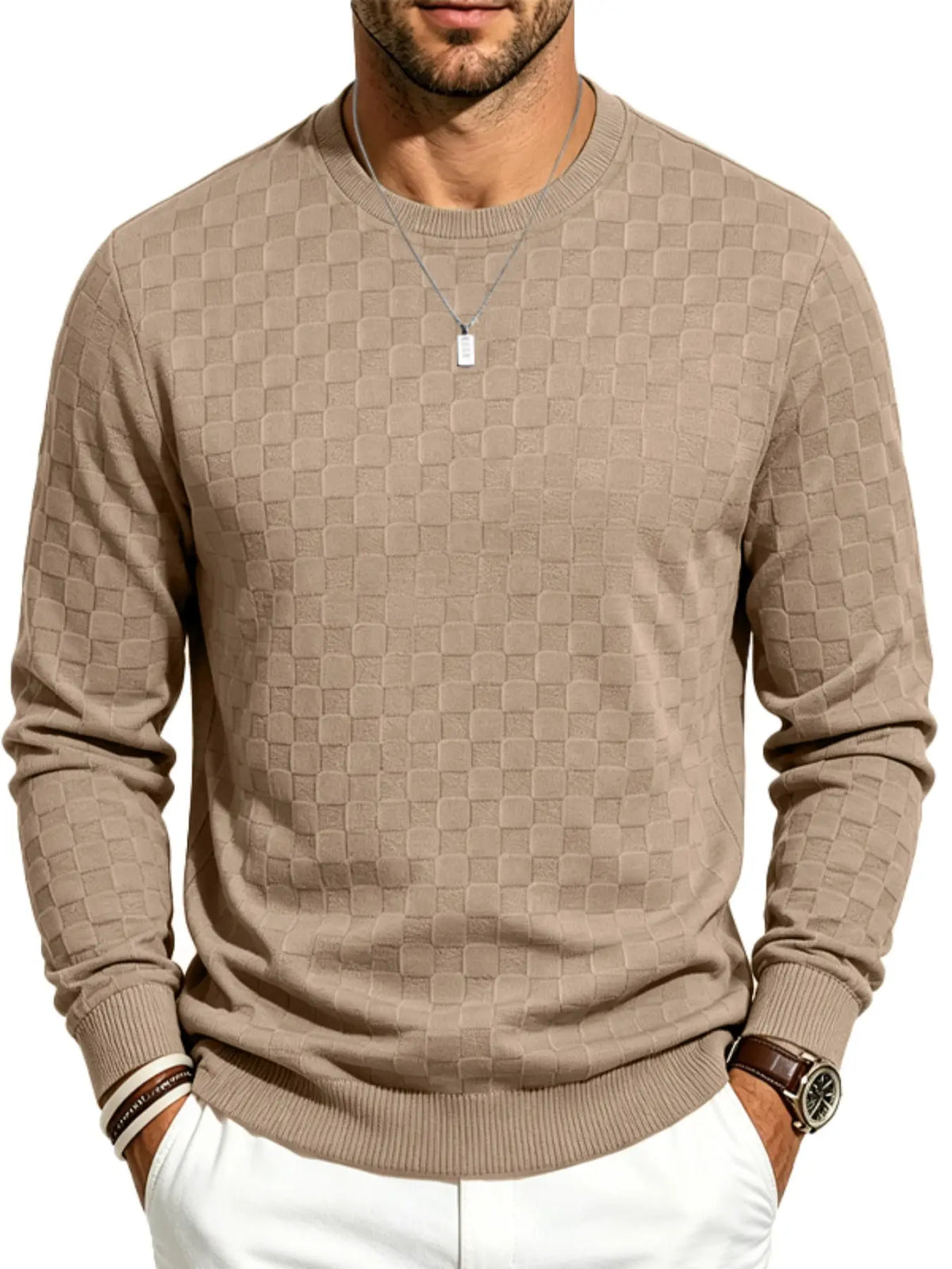4-Pack Men's Checkered Knit Sweaters – Lightweight Crewneck Long Sleeve Pullovers