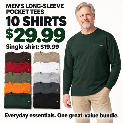 Heavyweight Long Sleeve Pocket T-Shirt,100% Cotton,Long Tail,Tagless Label,Classic Crew Neck,Chest Pocket,Workwear Style