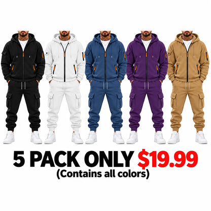 Men’s Cargo Tracksuit Set Full‐Zip Hooded Jacket + Pants (Polyester)