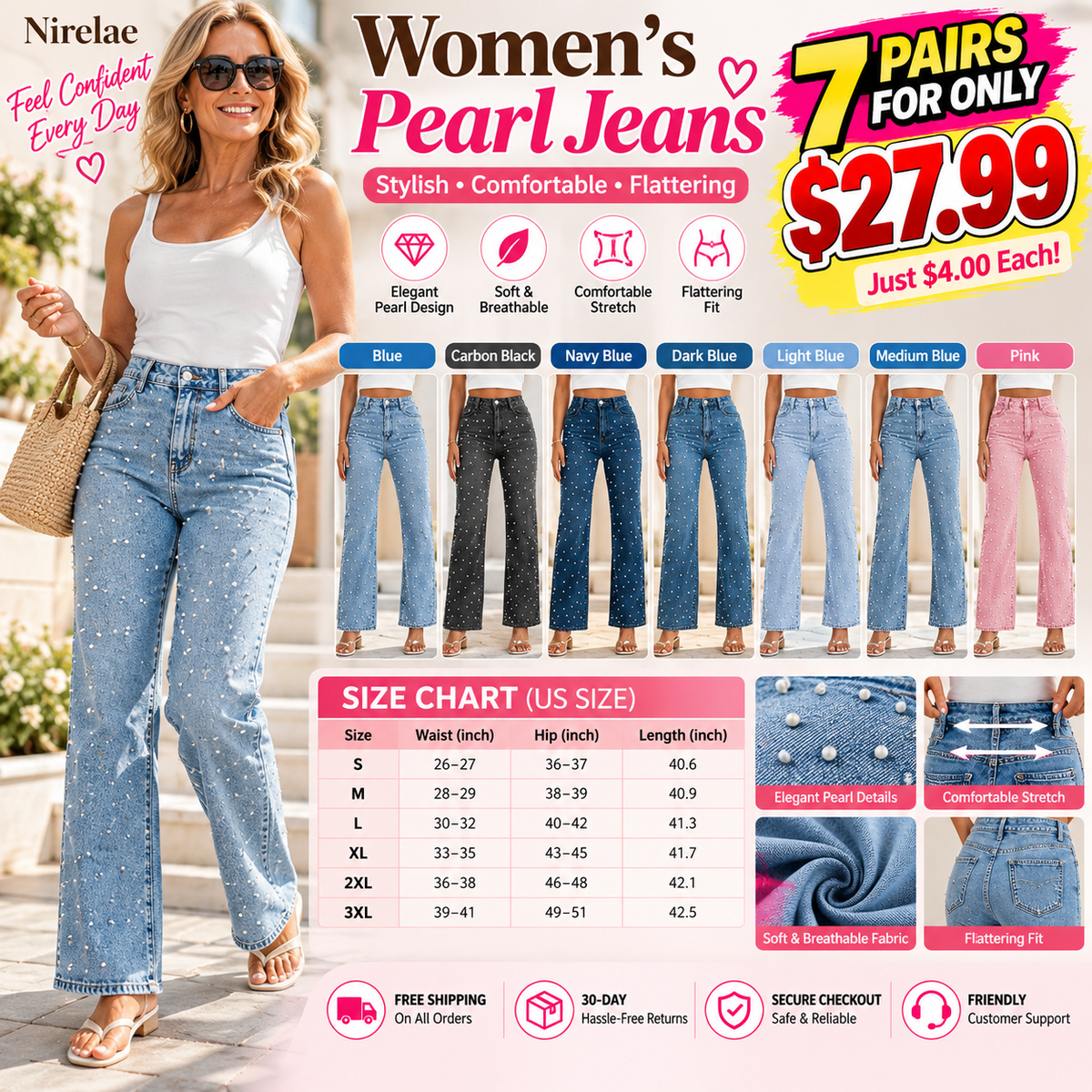 Pearl Jeans for Women High Waisted Straight Leg Denim Pants Beaded Jeans Wide Leg Trendy Y2K Casual Jean Pants