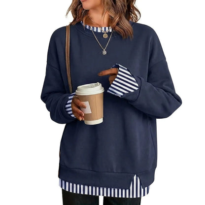 🍂 FALL SPECIAL |🔥 8 FOR ONLY $29.99! Women's Striped Patchwork Oversized Sweatshirts – Cozy Drop Shoulder Casual Tops