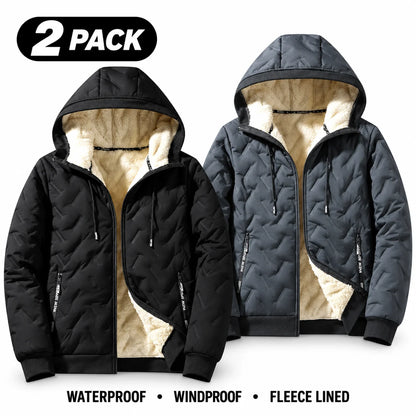 Men's Waterproof Windproof Fleece-Lined Hooded Jacket with Textured Fabric