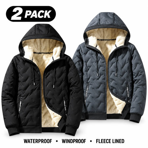 Men's Waterproof Windproof Fleece-Lined Hooded Jacket with Textured Fabric
