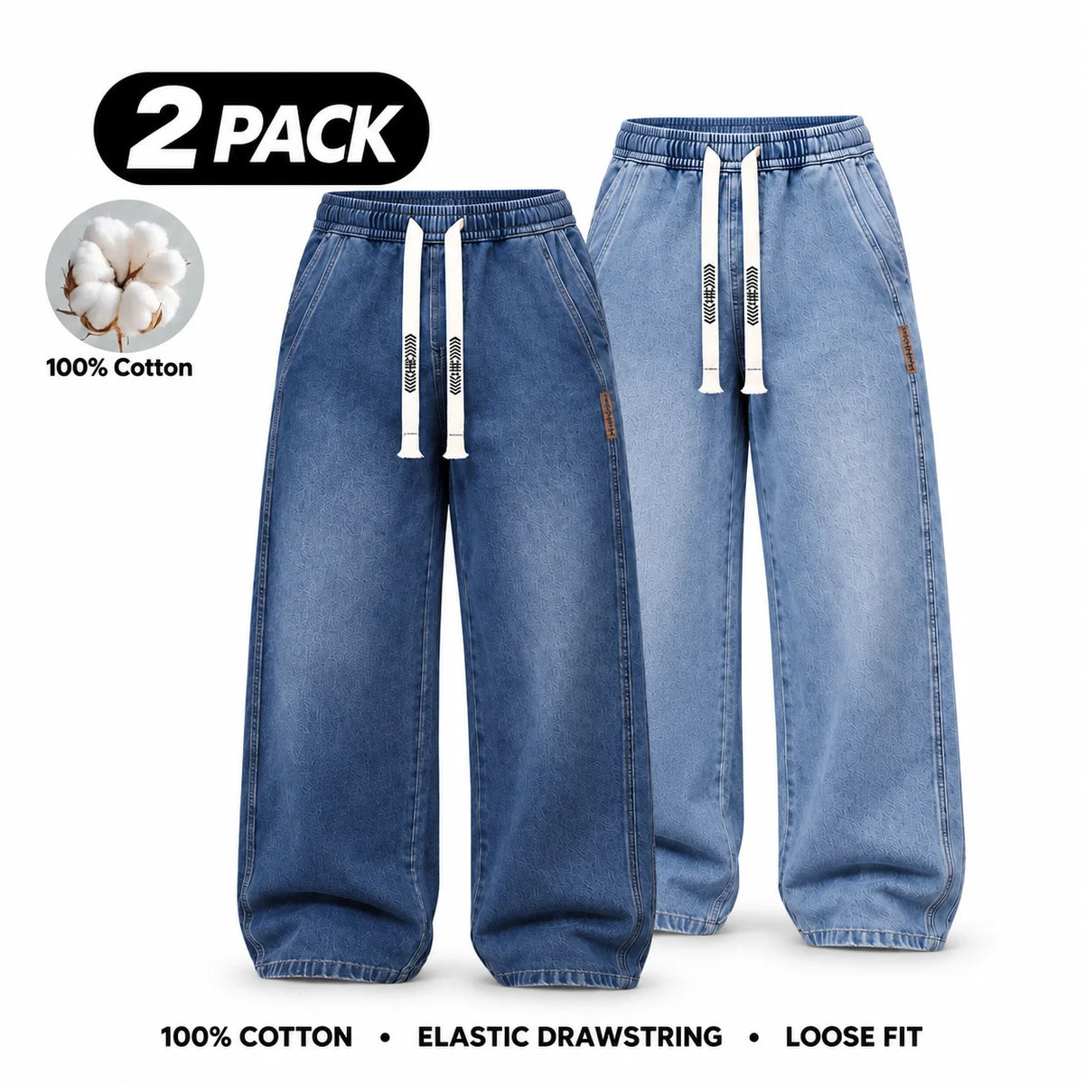 Men's Stretch 100% Cotton Loose Fit Jeans with Elastic Drawstring Waist