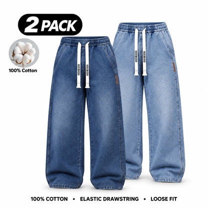 Men's Stretch 100% Cotton Loose Fit Jeans with Elastic Drawstring Waist