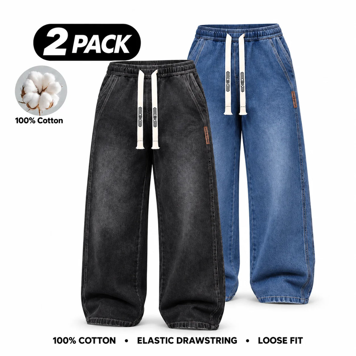 Men's Stretch 100% Cotton Loose Fit Jeans with Elastic Drawstring Waist
