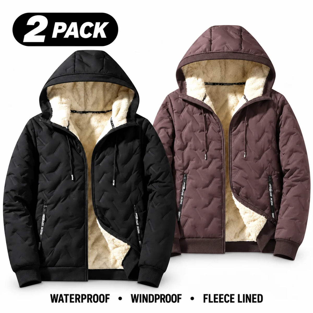 Men's Waterproof Windproof Fleece-Lined Hooded Jacket with Textured Fabric