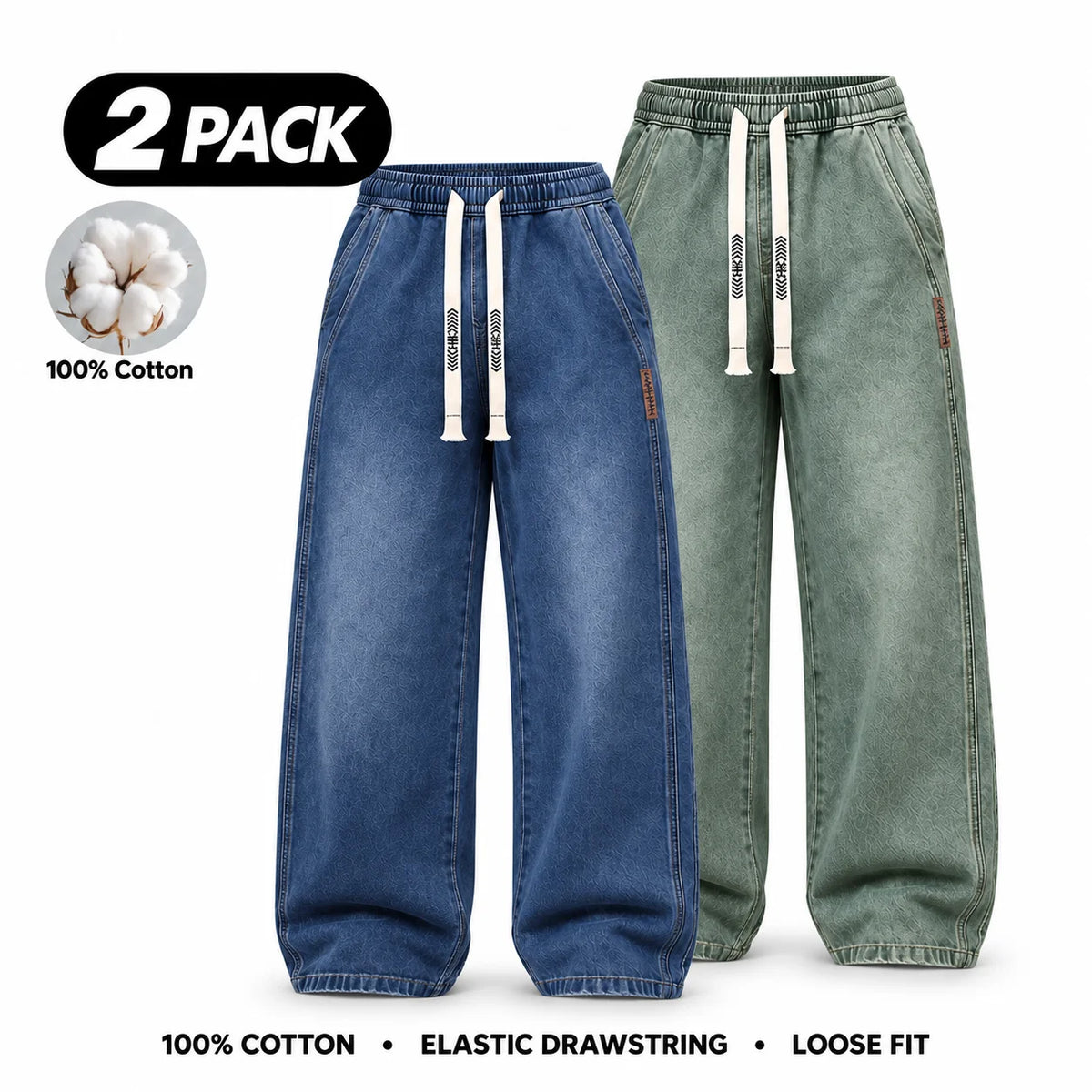 Men's Stretch 100% Cotton Loose Fit Jeans with Elastic Drawstring Waist