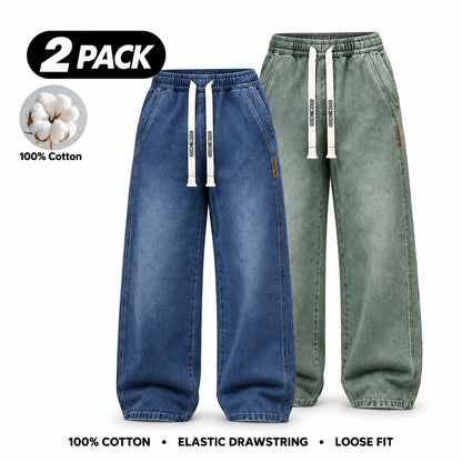 Men's Stretch 100% Cotton Loose Fit Jeans with Elastic Drawstring Waist