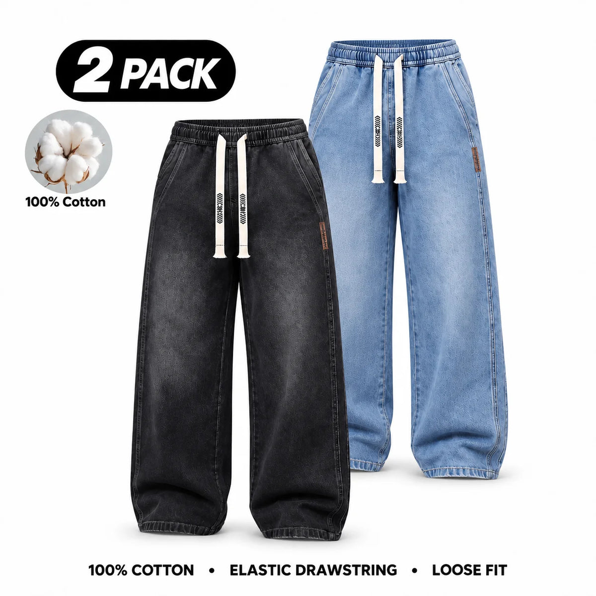Men's Stretch 100% Cotton Loose Fit Jeans with Elastic Drawstring Waist