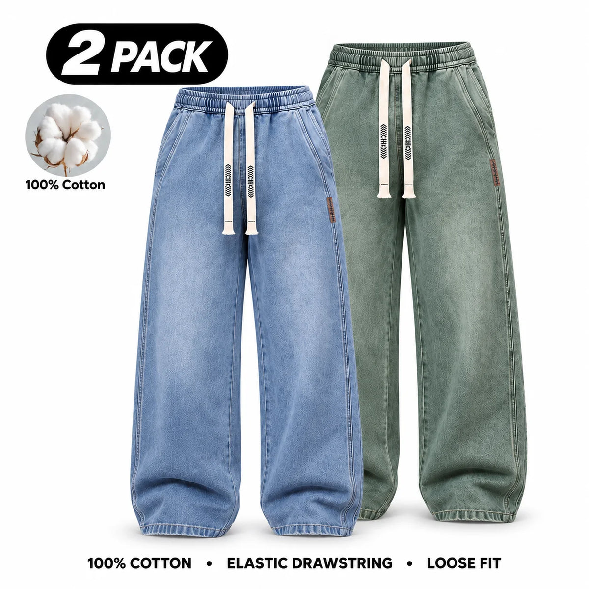 Men's Stretch 100% Cotton Loose Fit Jeans with Elastic Drawstring Waist