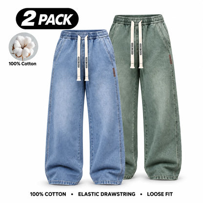 Men's Stretch 100% Cotton Loose Fit Jeans with Elastic Drawstring Waist