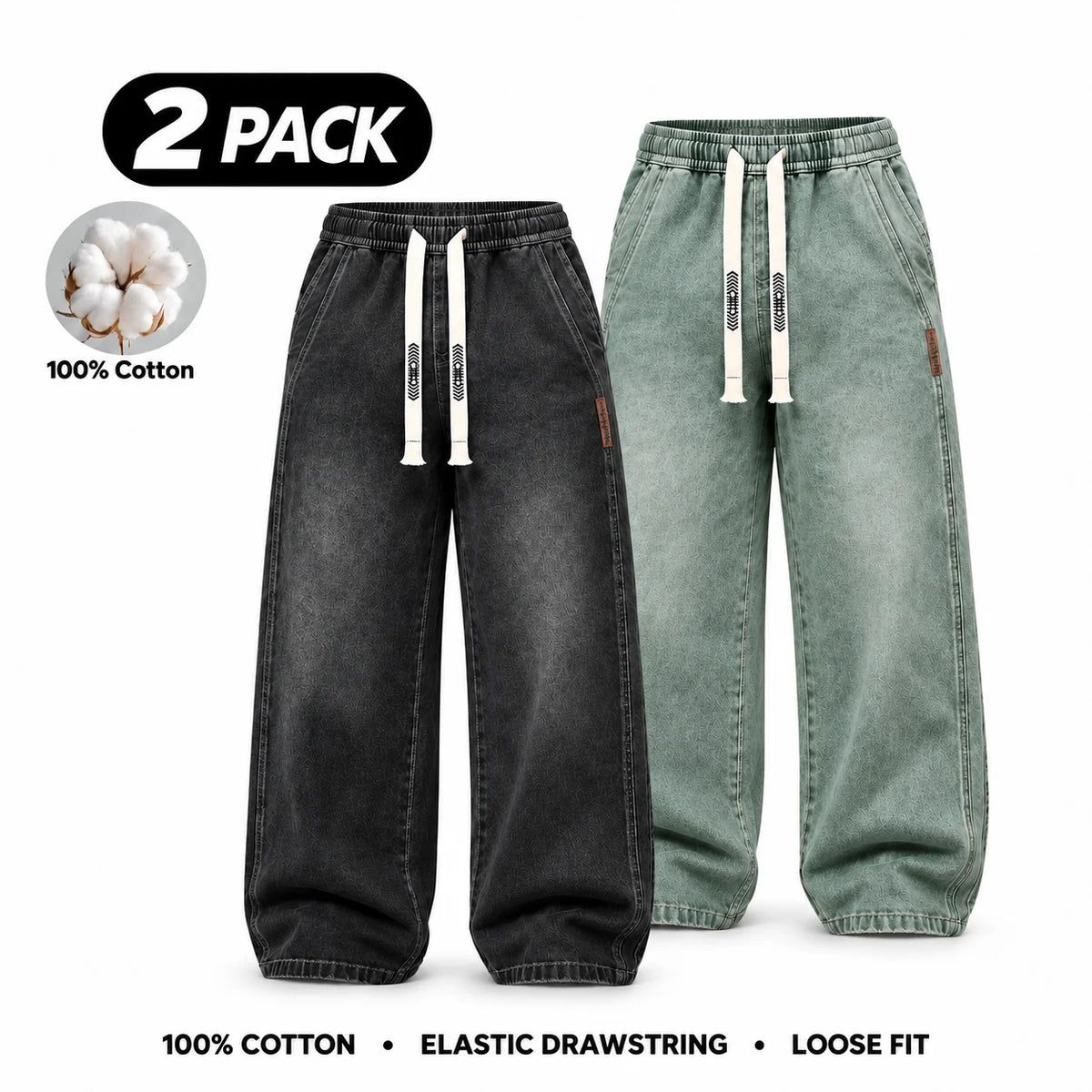 Men's Stretch 100% Cotton Loose Fit Jeans with Elastic Drawstring Waist