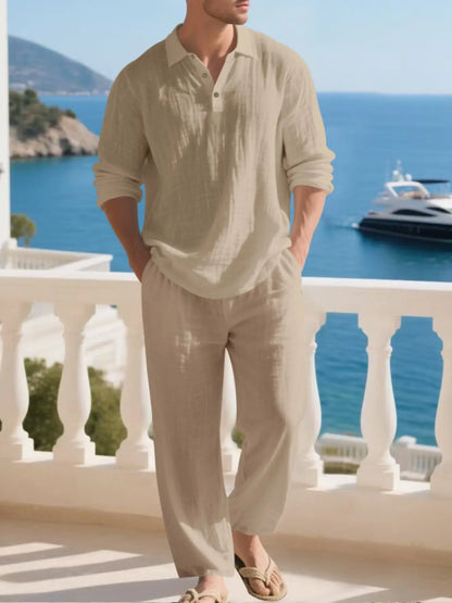 Men's Natural Linen Casual Set, Polo Neck Shirt & Loose Long Pants