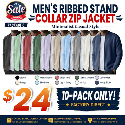Men's Simple Casual Ribbed Stand Collar Zipper Long Sleeved Jacket