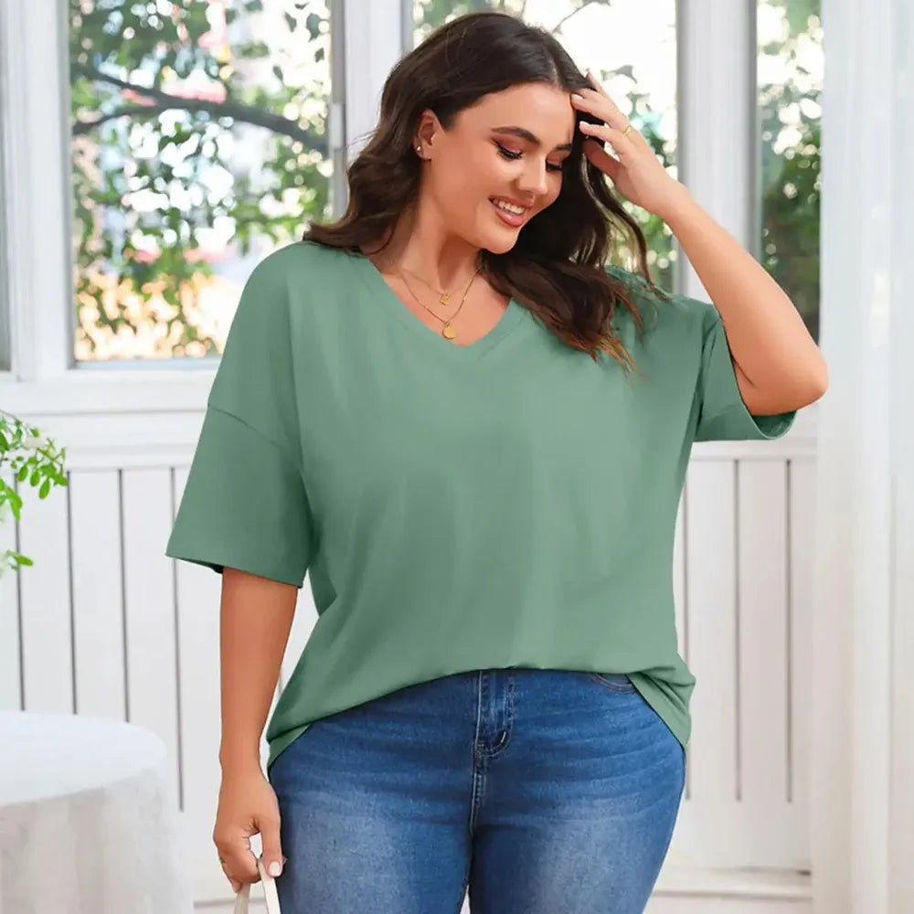 Women's Oversized Short Sleeve V-Neck Blouse – Lightweight Casual Summer Top