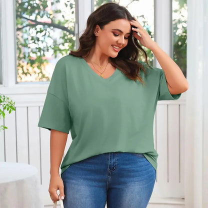 Women's Oversized Short Sleeve V-Neck Blouse – Lightweight Casual Summer Top