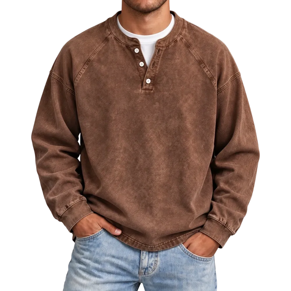 Distressed Washed Cotton Henley Long Sleeve Shirts