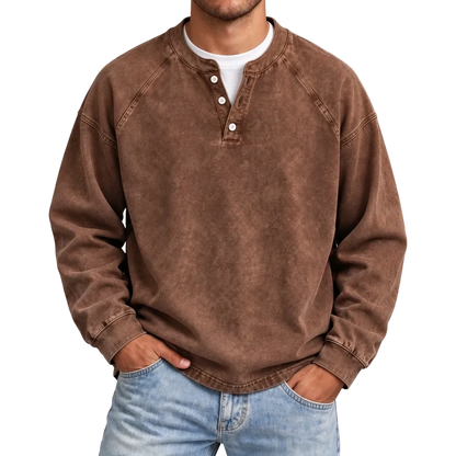 Distressed Washed Cotton Henley Long Sleeve Shirts