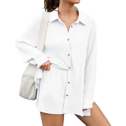 Womens Gauze Shirt & Shorts Set 2-in-1 Button Connected Oversized Long Sleeve Button-Down Top with Attachable Safety Shorts