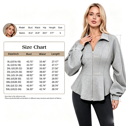 Women's Zip-Front Jacket with Ruched Sleeves and Ruffled Hem