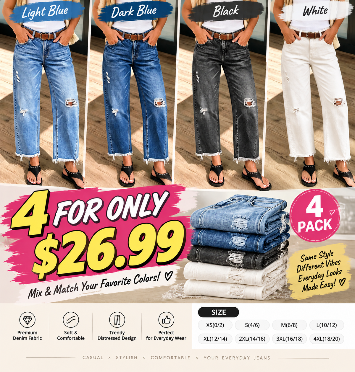 🔥 4 FOR ONLY $26.99! Women’s Mid-Waist Straight Leg Crop Jeans – Washed Ripped Raw Hem Denim