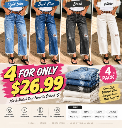 🔥 4 FOR ONLY $26.99! Women’s Mid-Waist Straight Leg Crop Jeans – Washed Ripped Raw Hem Denim