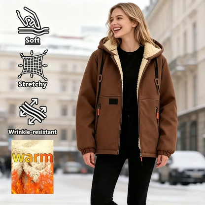 Women's Fleece Hooded Coat – Thick Warm Outerwear with Patch Detailing, Worldwide Shipping