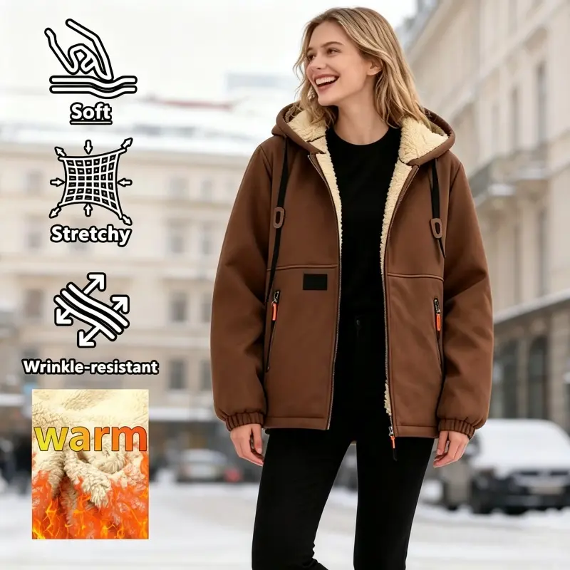 Women's Fleece Hooded Coat – Thick Warm Outerwear with Patch Detailing, Worldwide Shipping