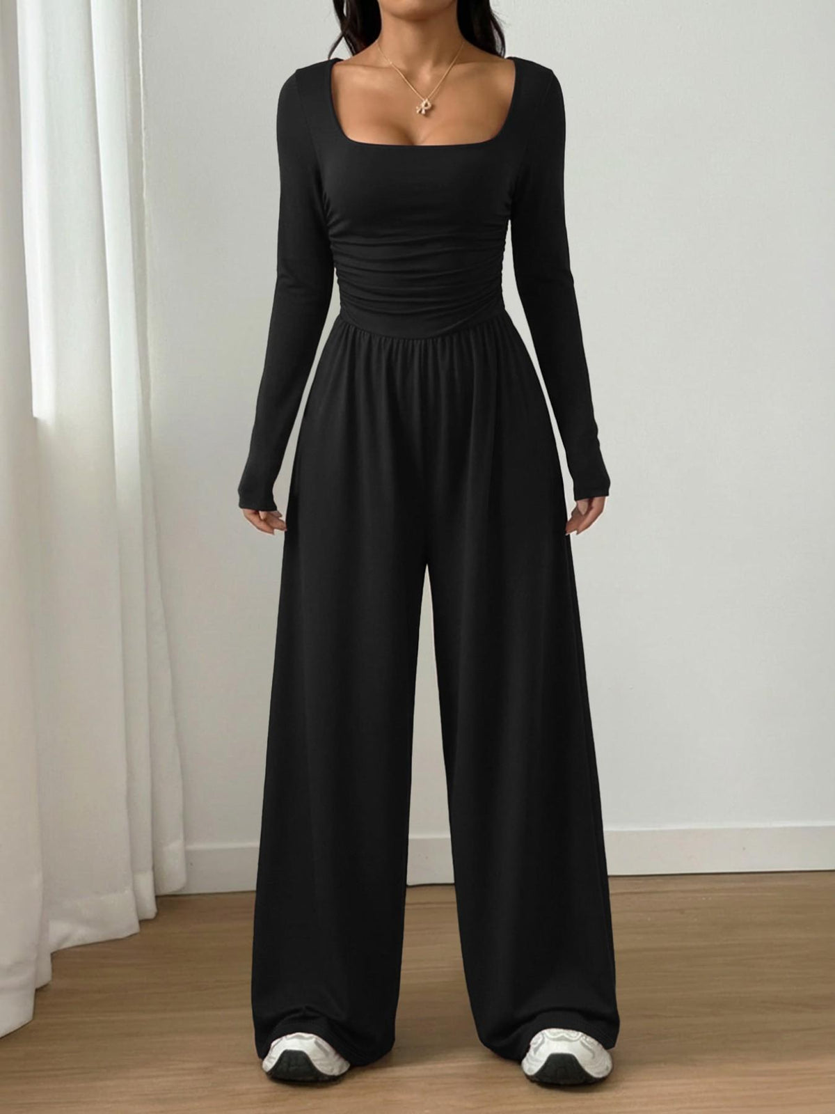 Women's 100% Cotton Long Sleeve Knit Wide-Leg Jumpsuit with Pockets