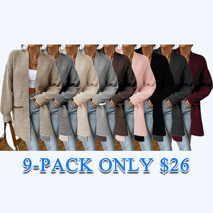 Women's Open Front Herringbone Colorblock Cardigan Sweater, Soft Chunky Knit Oversized Sweater Coat with Pockets