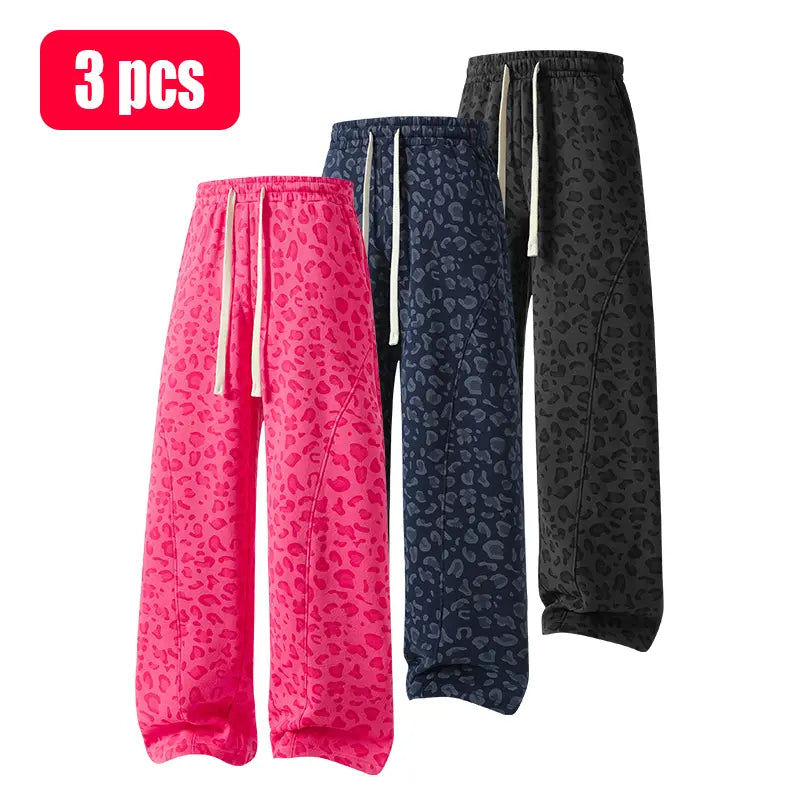 Men's leopard-print casual trousers with side pockets