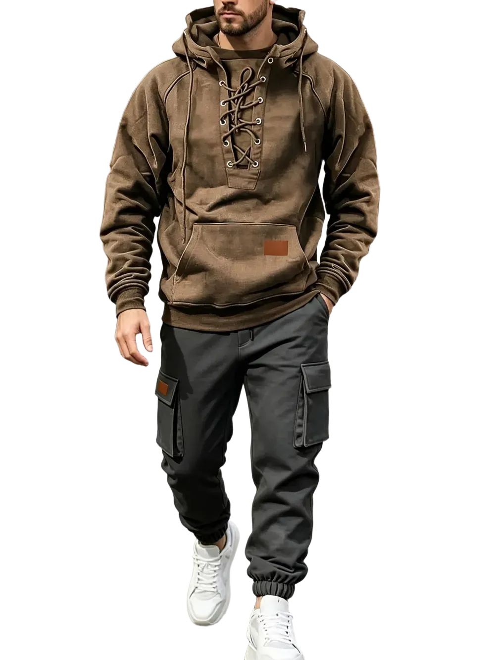 Men's Chest Tie‐Up Hoodie And Multi‐Pocket Ankle‐Cuffed Joggers