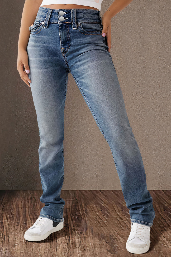 Double Button Mid Waist Straight Leg Jeans