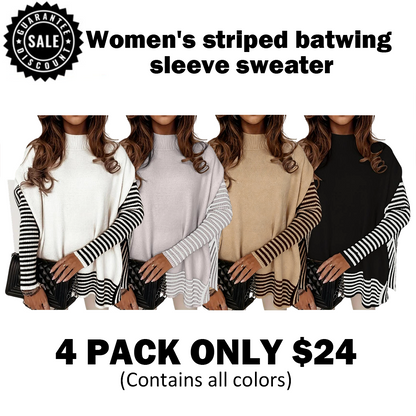 Women's Striped Patchwork Print Batwing Sleeve Split Hem Sweater