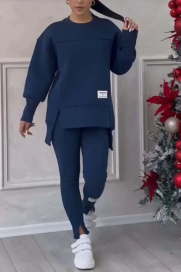 Women's Casual Solid Color Round Neck Long Sleeve Slit Hem Sweatshirt Leggings Set