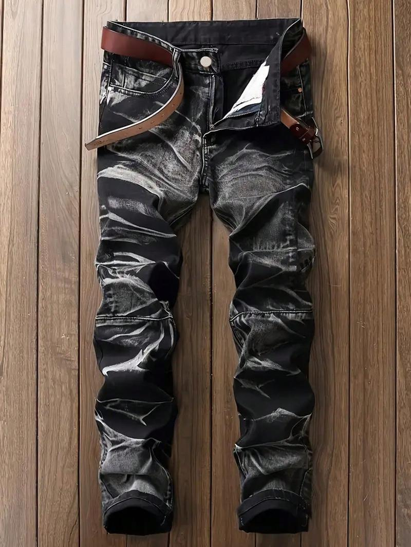 Men's Worn Frayed Tight Waisted Washed Black Denim Jeans – Unique Graphic Design Retro Stretch Casual Streetwear Hip Hop Style