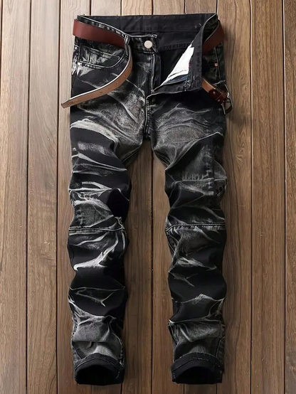 Men's Worn Frayed Tight Waisted Washed Black Denim Jeans – Unique Graphic Design Retro Stretch Casual Streetwear Hip Hop Style